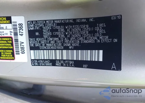 2011 Toyota Sienna Limited V6 z USA, uszkodzony, nr VIN 5TDYK3DC4BS016608